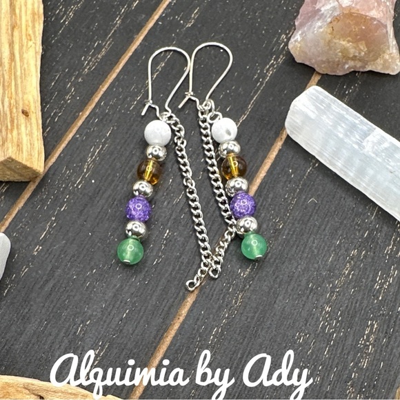 MULTI STONES AMBER JADE EXTRA LONG DANGLE EARRINGS - Picture 1 of 1